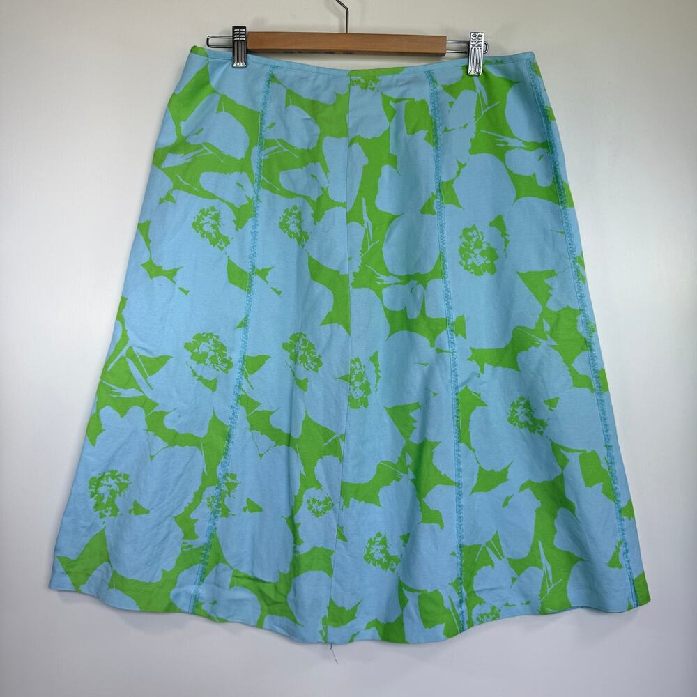 JH Collectibles Linen Floral A-Line Midi Skirt Blue Green Womens Size 12 Vintage